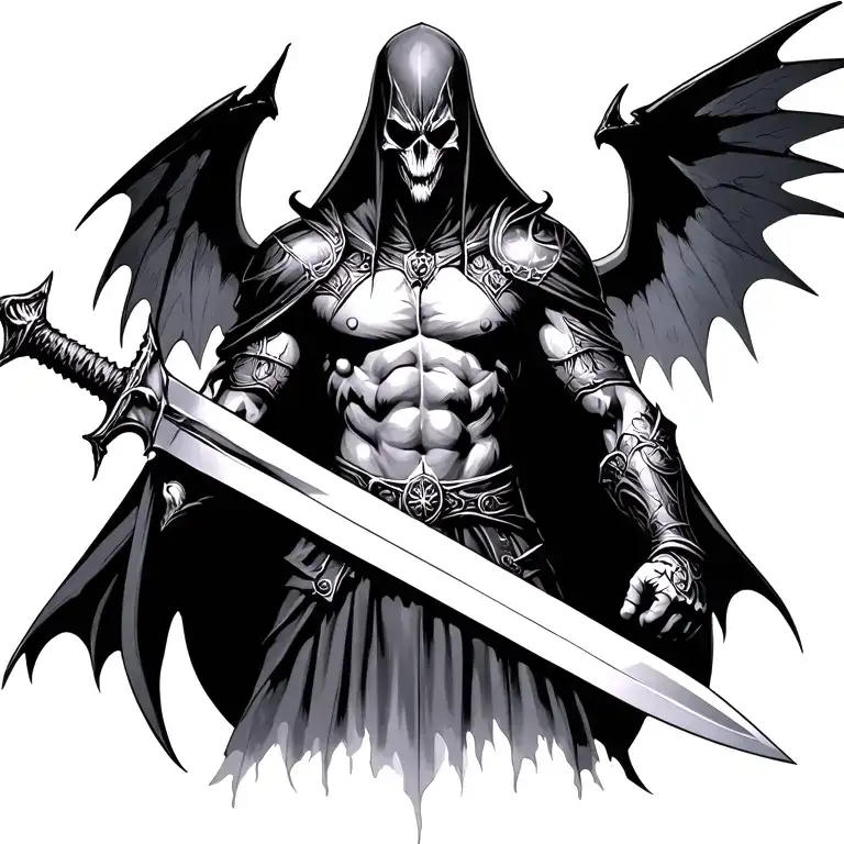 Gothic tattoo warrior with sword right side has demonic bat wing left side has angelic wing  tattoo design idea