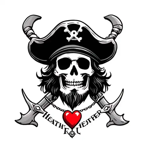 Pirate skeleton captain with beard tattoo with beating heart necklace with the name Heather tattoo design idea