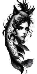 I want to make black and white men tattoo, full sleeve, containing half women half animal eye, 2 dates, big dark koi fis tattoo design idea