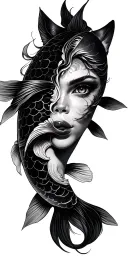 I want to make black and white men tattoo, full sleeve, containing half women half animal eye, 2 dates, big dark koi fis tattoo design idea