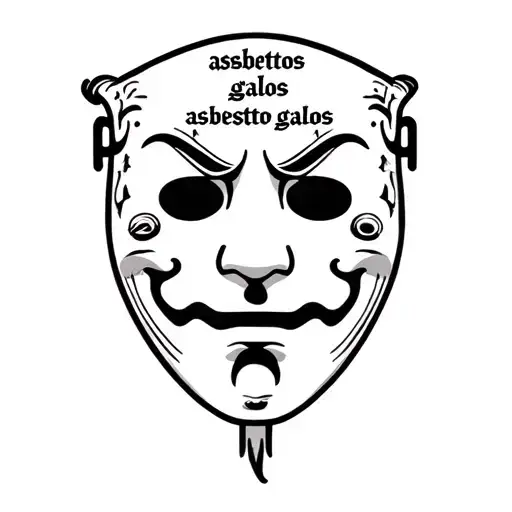 memorial tattoo of the happy and sad tragedy mask with "asbestos galos" written along side tattoo design idea