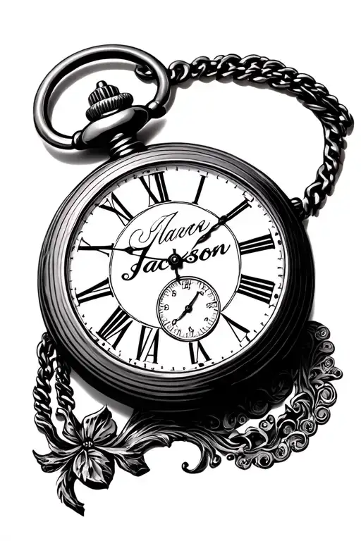 pocket watch with 328pm  the name Jackson in script cursive March 10 22 Roman numerical in larger font tattoo design idea