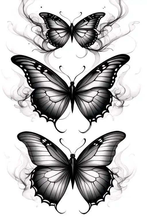 6 line-based butterflies with delicate inner details Intertwined, soft smoke wisps wrapping naturally between wings tattoo design idea