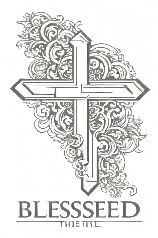 cross on above the word blessed spelled going vertical tattoo design idea