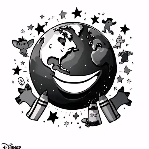 A smiling planet Earth surrounded by stars, animals, and children holding crayons. A 3D Disney Pixar-style image. tattoo design idea