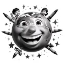 A smiling planet Earth surrounded by stars, animals, and children holding crayons. A 3D Disney Pixar-style image. tattoo design idea