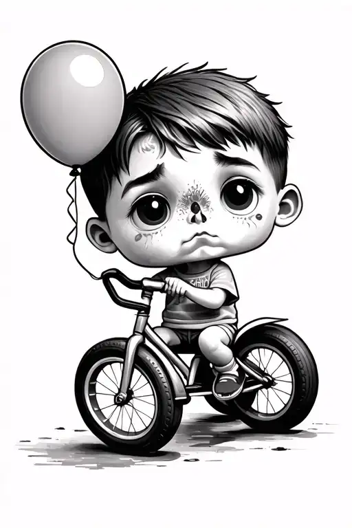 Draw me a small, cute, childish but sad boy sitting on a tricycle, holding a balloon and with a tear under his eye  tattoo design idea