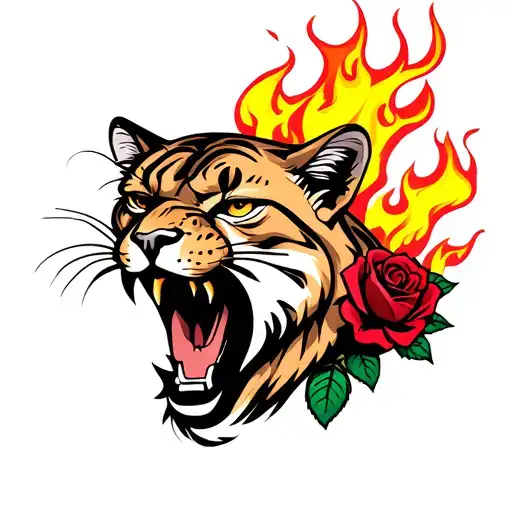Fierce looking cougar with mouth open and flames coming out of the back of his head, and two roses tattoo design idea