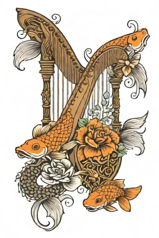 frangaoani, Irish harp, 2x koi fish and 2x dog paws tattoo design idea