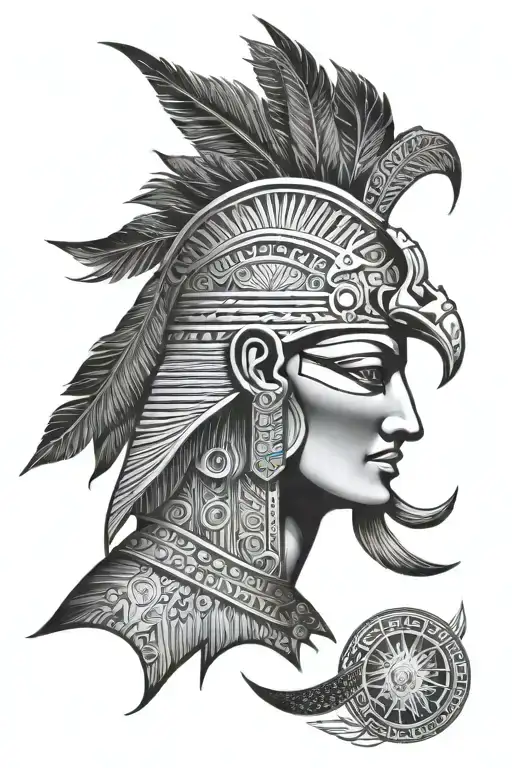 Ancient Egyptian moon god combined with feather patterns that appear as a knight tattoo design idea