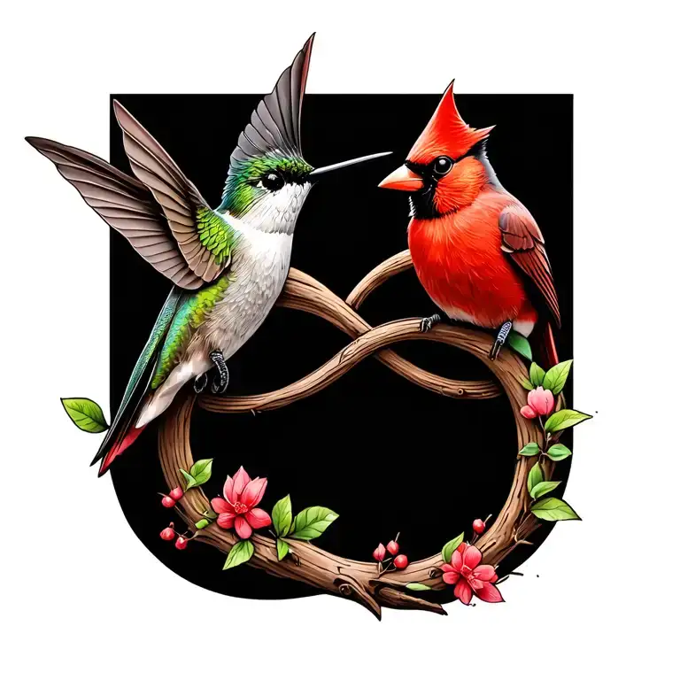 hummingbird and cardinal in infinity symbol made entirely tattoo design idea