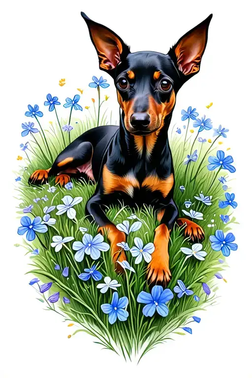 miniature pinscher laying down in a field of forget me not flowers tattoo design idea