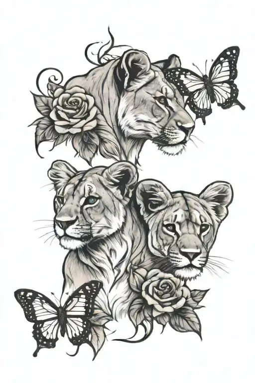 lioness two cubs roses and butterflys tattoo design idea