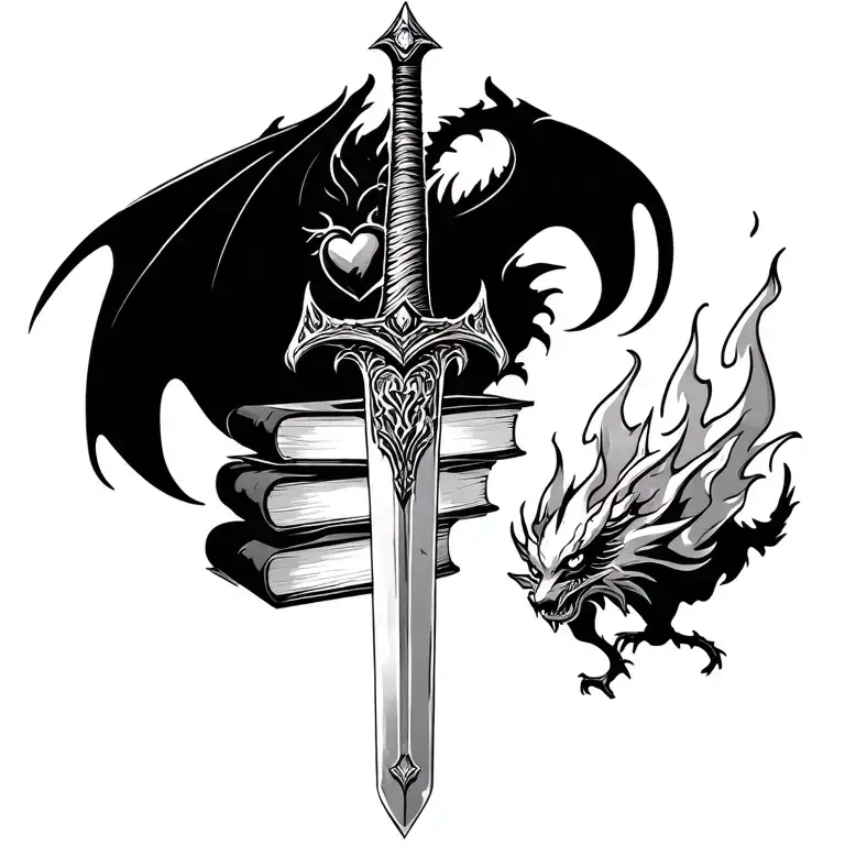 Verticle long Sword into stack of books. Heart on fire on sword hilt. Dragon and wyvern in backgrounds tattoo design idea