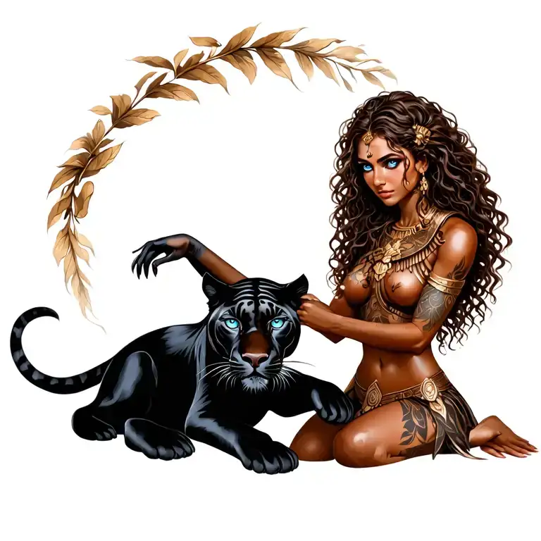 female warrior with long brown curly hair, brown skin and blue eyes petting a black panther like it is her spirit guide tattoo design idea