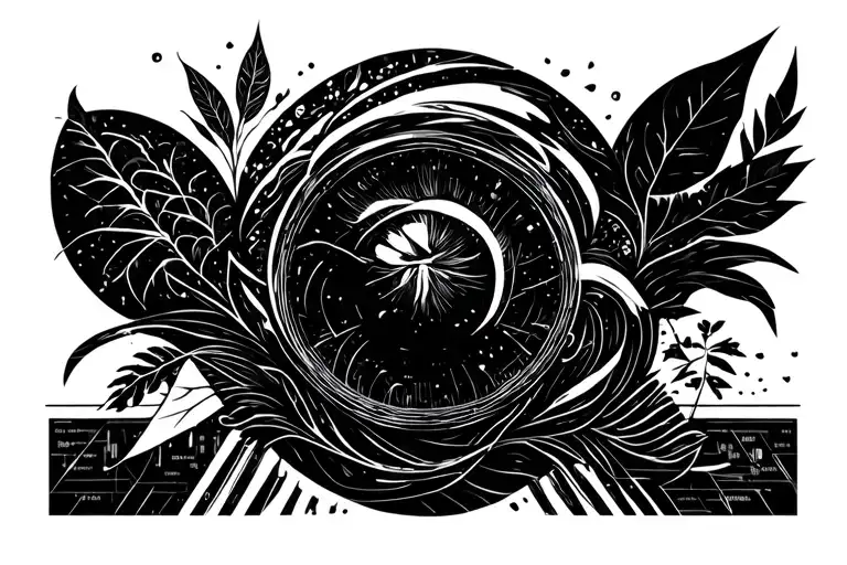 An abstract design symbolizing your diverse interests and hobbies, incorporating elements of ecology, programming, and project management tattoo design idea