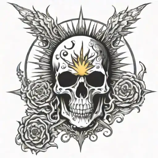 tarot card the sun, skull, half fire, fire, half spike tattoo design idea