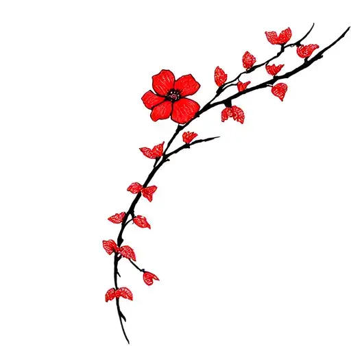 red, sakura flower on branch, small, fineline with stippled effect tattoo design idea