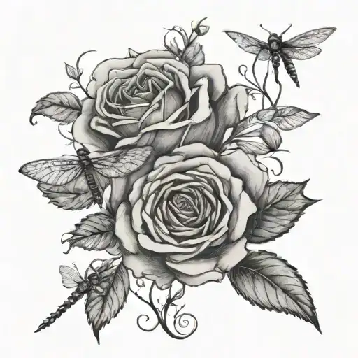 rose and dragonfly landing tattoo design idea