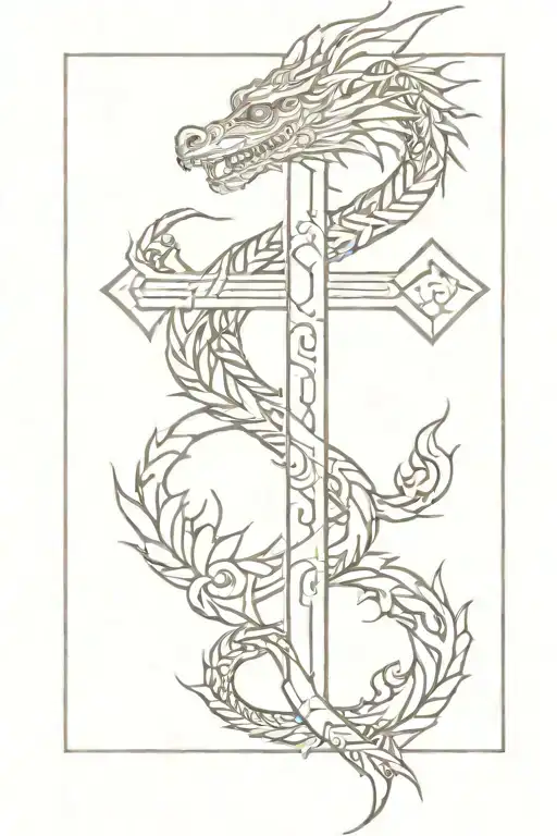 small cross with Aztec dragon wrapped tattoo design idea