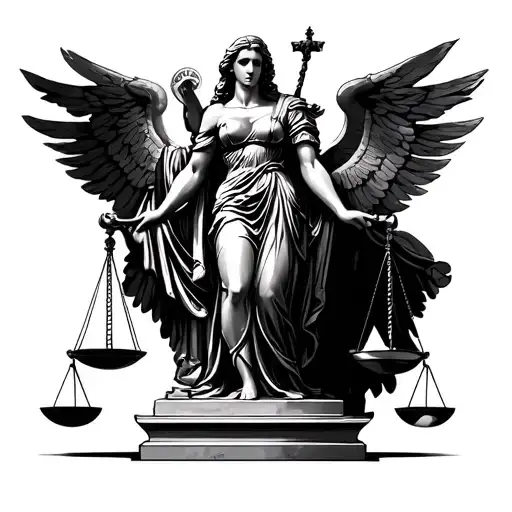 the lady of justice full body statue standing tattoo design idea