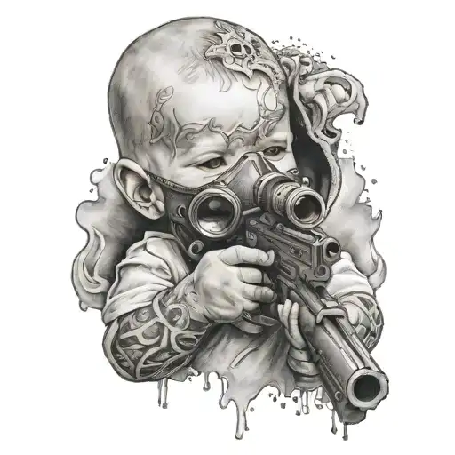 baby with gun in hand and mask on face tattoo design idea