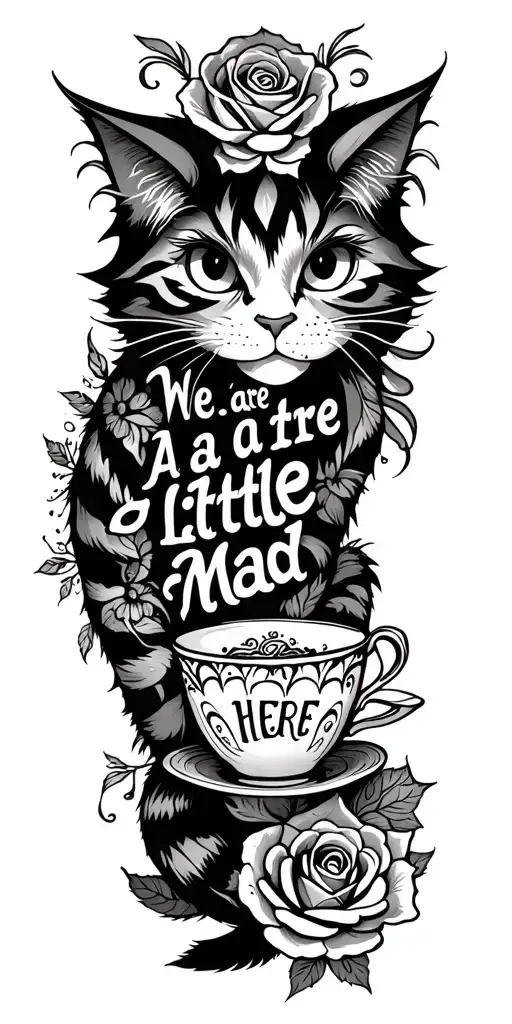 "We are all a little mad here" "We are all a little mad here"  disney style cheshire cat with tail intertwined with tea cup and rose tattoo design idea