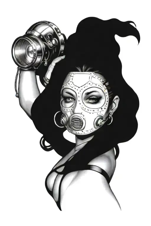 sexy pin up donning welding mask and lingerie, big, round ass,  over on her knees using torch, she's very fit.   tattoo design idea