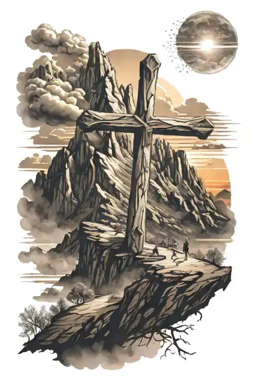 beautiful cross on the top of a moutain with sunrise integrated tattoo design idea