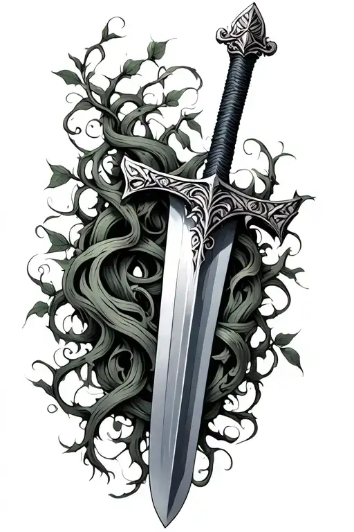 Sword Excalibur sword wrapped in vines tattoo design idea