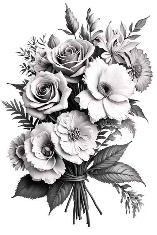 flower bouquet tied with 3 carnation flowers, 1 rose, 1 gladiolus, 1 aster, 1 chrysanthemum, and 4 poinsettias tattoo design idea