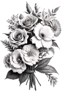 flower bouquet tied with 3 carnation flowers, 1 rose, 1 gladiolus, 1 aster, 1 chrysanthemum, and 4 poinsettias tattoo design idea