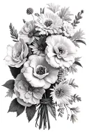 flower bouquet tied with 3 carnation flowers, 1 rose, 1 gladiolus, 1 aster, 1 chrysanthemum, and 4 poinsettias tattoo design idea
