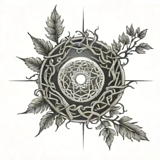 Elbow tattoo of thorned branches in the shape of a circle with the sun inside of it, in black and grey traditional style tattoo design idea