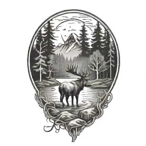 moose deer forest water tattoo design idea