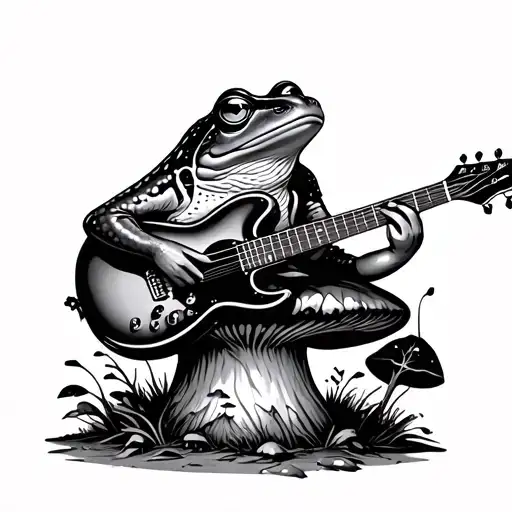 bullfrog with a guitar sitting on a mushroom tattoo design idea