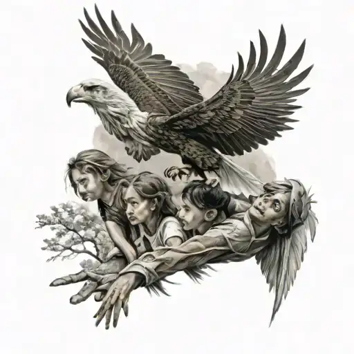 3 children playing with a Eagle soaring over them watching   tattoo design idea
