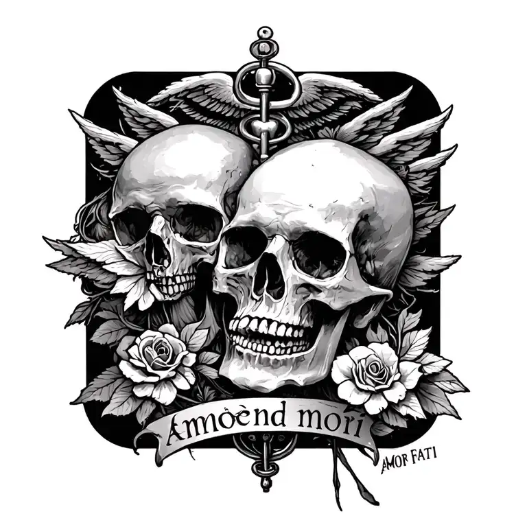 medical cadeus with memento mori and amor fati tattoo design idea