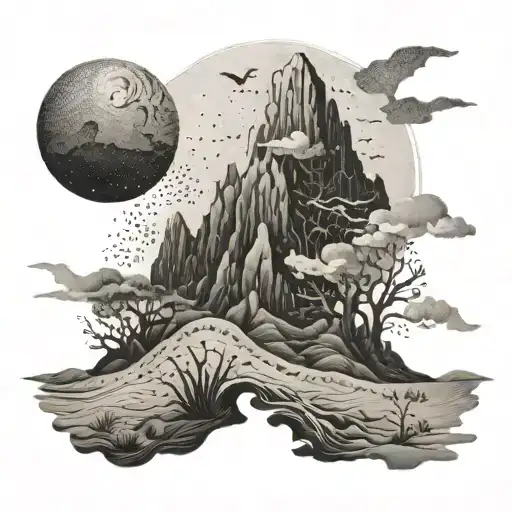 A surreal scene of a wind-swept desert landscape with mystical creatures dancing in the air currents tattoo design idea