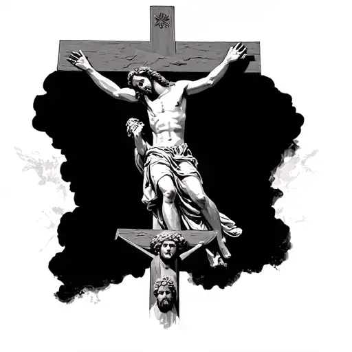 Jesus Christ coming down from Heaven with a crucifix at the bottom with a chirstopher columbus statue  tattoo design idea