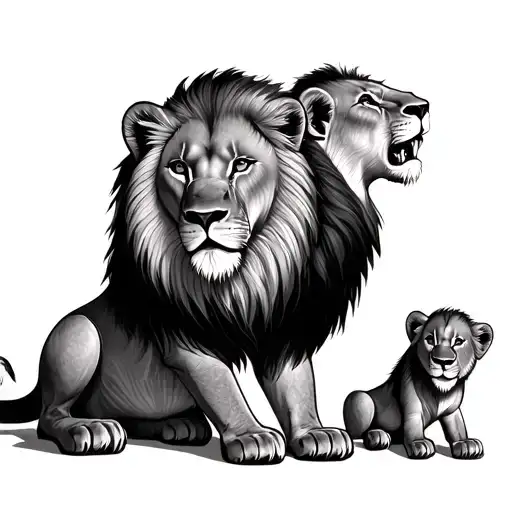 sitting lion with 3 cubs playing tattoo design idea