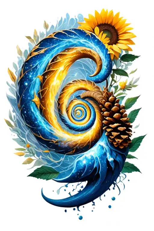 golden ratio spiral merging with galaxy, pine cone, sunflower, and ram horn tattoo design idea