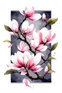 A Japanese-inspired illustration featuring a delicate branch with vertically arranged soft pink magnolia blossom framed tattoo design idea