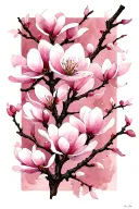 A Japanese-inspired illustration featuring a delicate branch with vertically arranged soft pink magnolia blossom framed tattoo design idea