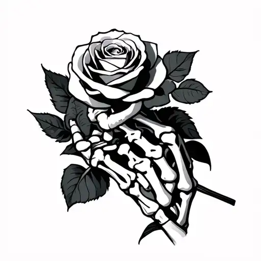 skeleton hand holding rose tattoo design idea