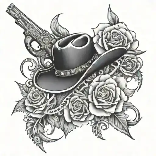 Half sleeve tattoo western style, tool leather, 6 shooter, bull rider cactus, rose tattoo design idea