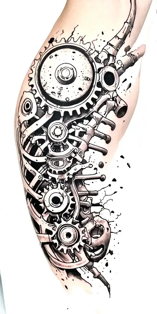 metal parts, gears, pipes, wires, torn skin effect,  realism, black and gray color scheme. Metal Bone tattoo design idea