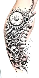 metal parts, gears, pipes, wires, torn skin effect,  realism, black and gray color scheme. Metal Bone tattoo design idea