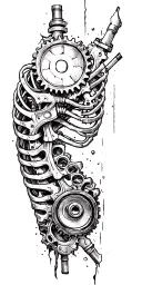 metal parts, gears, pipes, wires, torn skin effect,  realism, black and gray color scheme. Metal Bone tattoo design idea