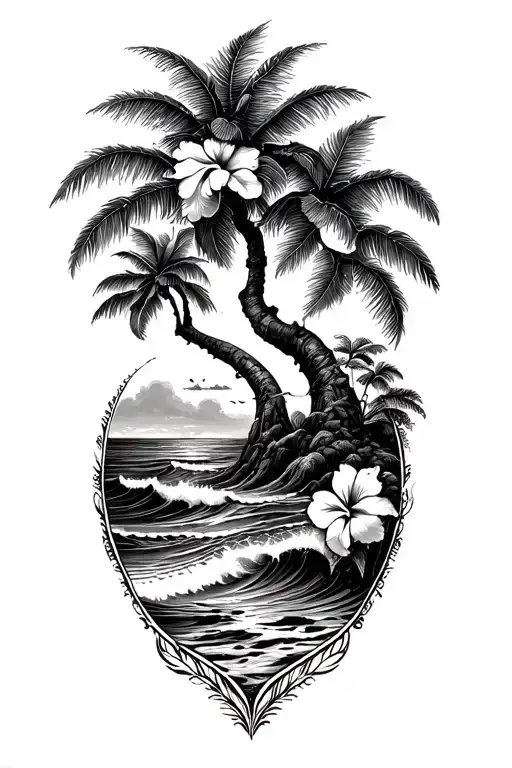 banyan tree and hibiscus flower with ocean waves on a beach tattoo design idea
